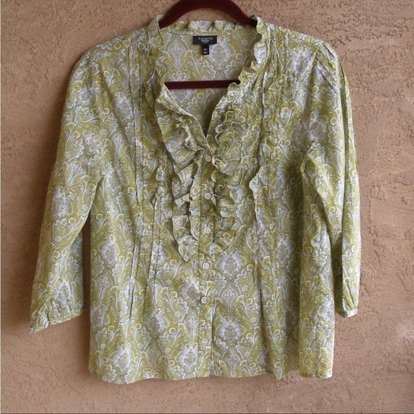 Talbots Pintuck Pleated Vintage 100% Cotton green paisley ruffle Blouse - Picture 1 of 9